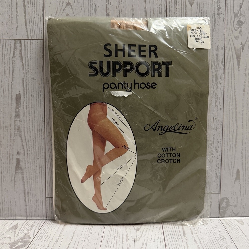 Angelina Sheer Support Pantyhose‎ M/Tall 8000 Color Beige Nude Cotton Crotch USA